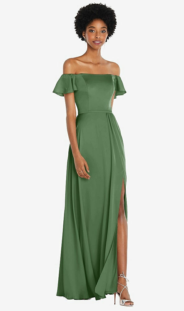 Front View - Vineyard Green Straight-Neck Ruffled Off-the-Shoulder Satin Maxi Dress