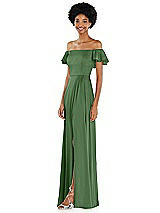 Side View Thumbnail - Vineyard Green Straight-Neck Ruffled Off-the-Shoulder Satin Maxi Dress