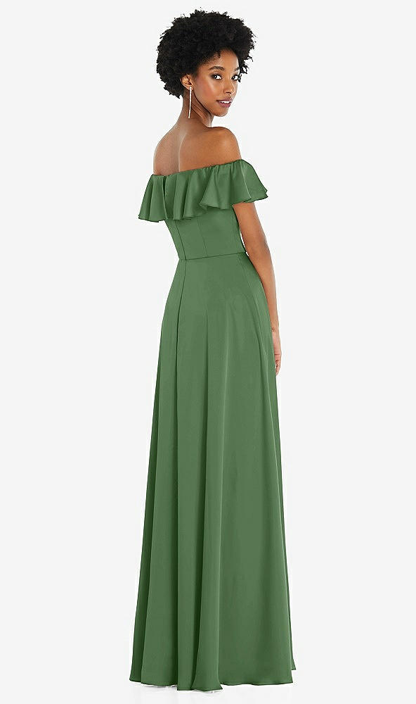 Back View - Vineyard Green Straight-Neck Ruffled Off-the-Shoulder Satin Maxi Dress