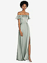 Front View Thumbnail - Willow Green Straight-Neck Ruffled Off-the-Shoulder Satin Maxi Dress