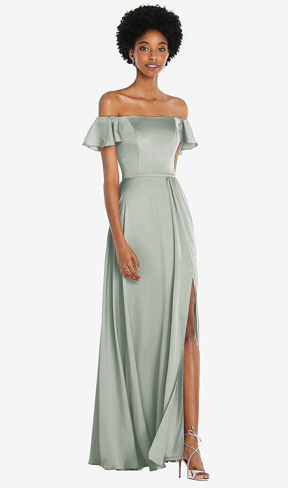Front View - Willow Green Straight-Neck Ruffled Off-the-Shoulder Satin Maxi Dress