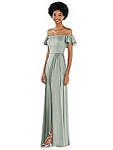 Side View Thumbnail - Willow Green Straight-Neck Ruffled Off-the-Shoulder Satin Maxi Dress