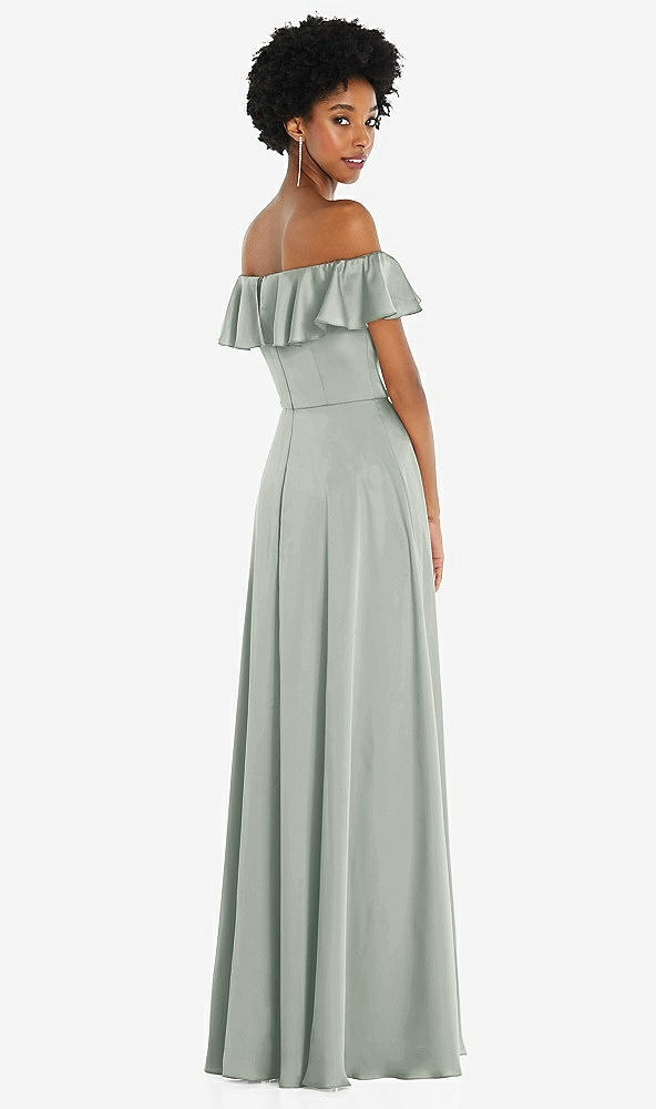 Back View - Willow Green Straight-Neck Ruffled Off-the-Shoulder Satin Maxi Dress