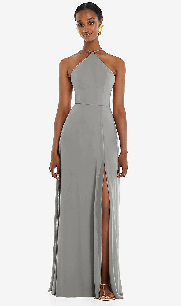 Front View - Chelsea Gray Diamond Halter Maxi Dress with Adjustable Straps