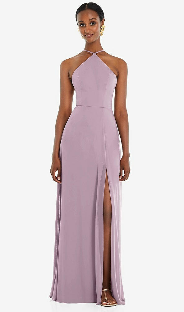 Front View - Suede Rose Diamond Halter Maxi Dress with Adjustable Straps