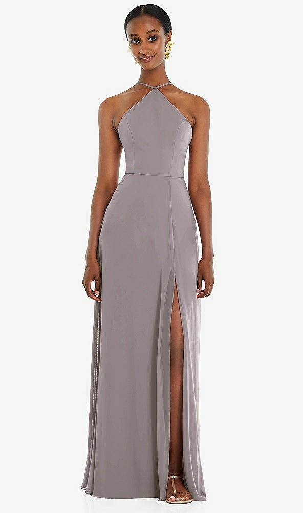Front View - Cashmere Gray Diamond Halter Maxi Dress with Adjustable Straps