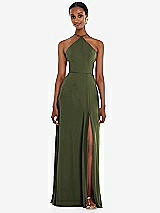 Front View Thumbnail - Olive Green Diamond Halter Maxi Dress with Adjustable Straps