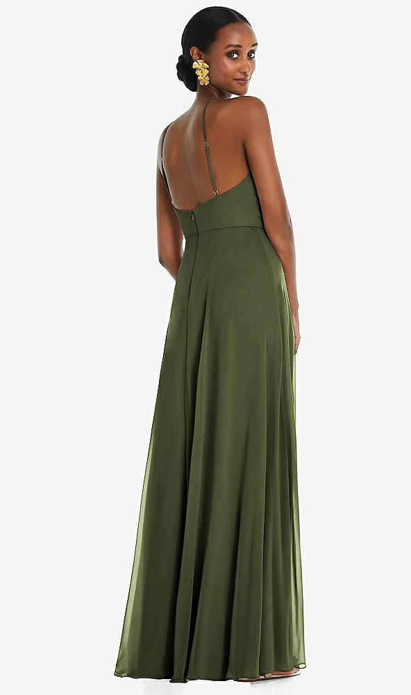 Back View - Olive Green Diamond Halter Maxi Dress with Adjustable Straps