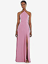 Front View Thumbnail - Powder Pink Diamond Halter Maxi Dress with Adjustable Straps