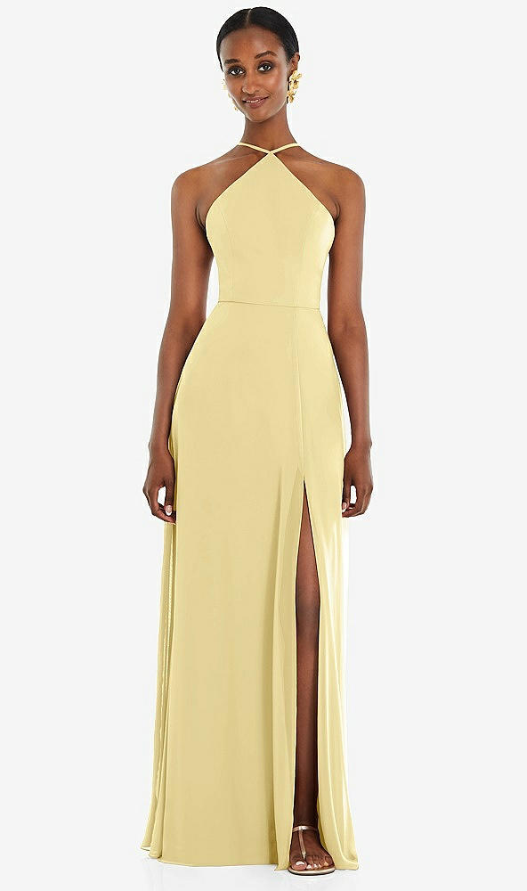 Front View - Pale Yellow Diamond Halter Maxi Dress with Adjustable Straps