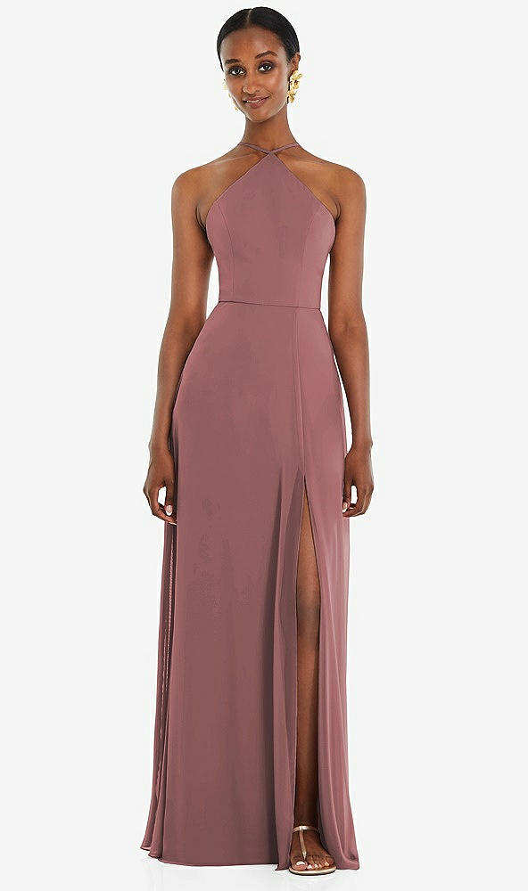 Front View - Rosewood Diamond Halter Maxi Dress with Adjustable Straps