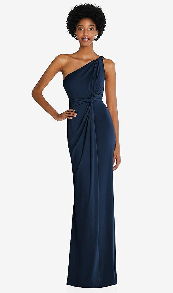Front View - Midnight Navy One-Shoulder Twist Draped Maxi Dress