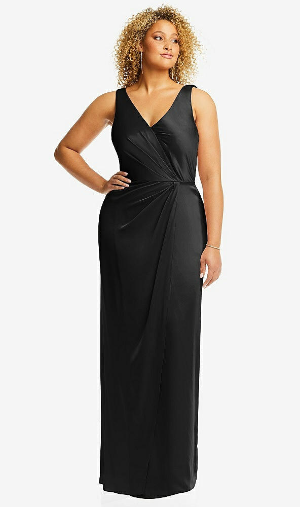 Front View - Black Faux Wrap Whisper Satin Maxi Dress with Draped Tulip Skirt