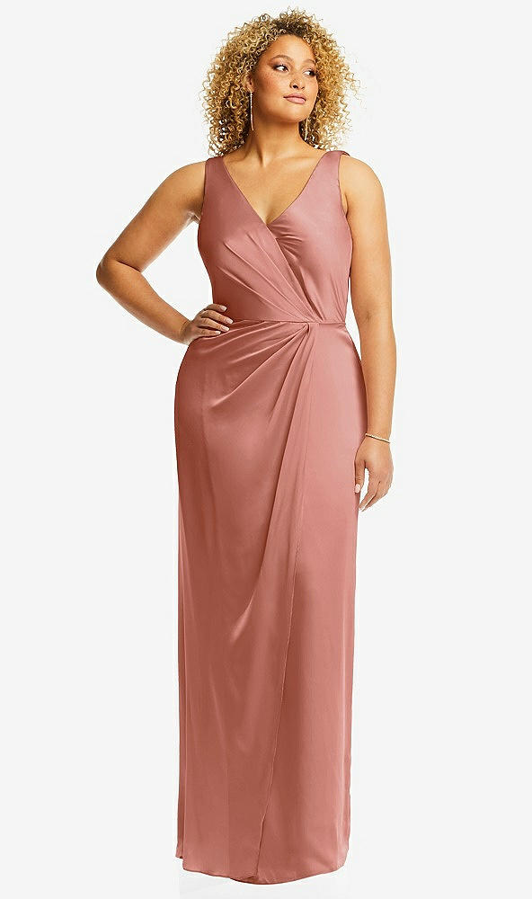 Front View - Desert Rose Faux Wrap Whisper Satin Maxi Dress with Draped Tulip Skirt
