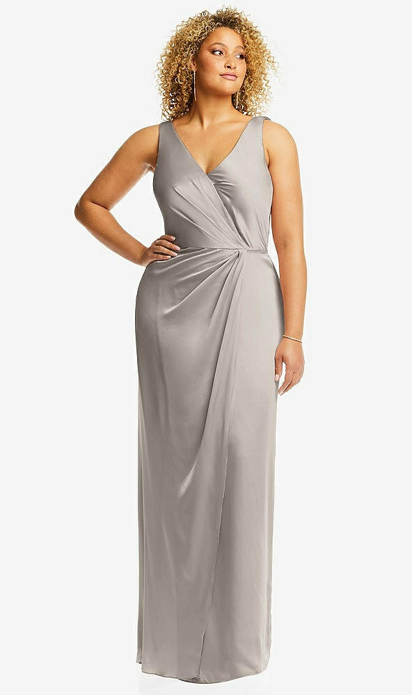 Front View - Taupe Faux Wrap Whisper Satin Maxi Dress with Draped Tulip Skirt