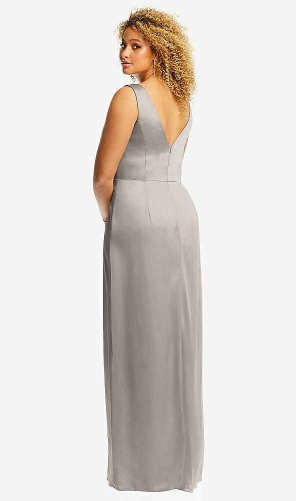 Back View - Taupe Faux Wrap Whisper Satin Maxi Dress with Draped Tulip Skirt
