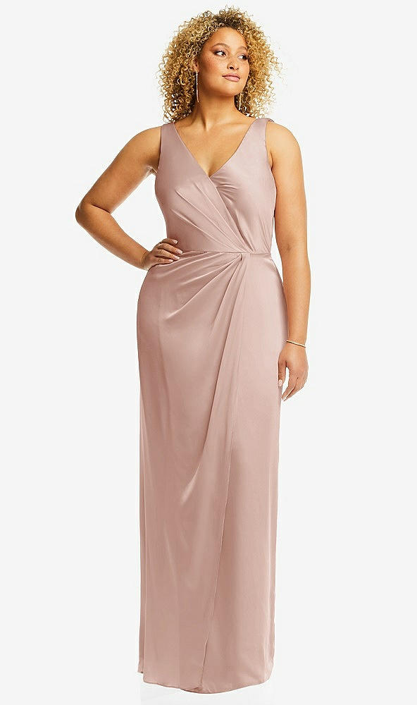 Front View - Toasted Sugar Faux Wrap Whisper Satin Maxi Dress with Draped Tulip Skirt