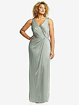 Front View Thumbnail - Willow Green Faux Wrap Whisper Satin Maxi Dress with Draped Tulip Skirt