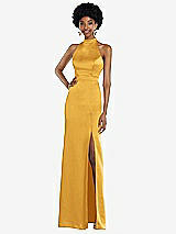 Rear View Thumbnail - NYC Yellow High Neck Backless Maxi Dress with Slim Belt