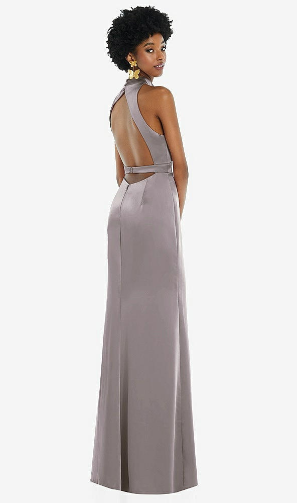 Front View - Cashmere Gray High Neck Backless Maxi Dress with Slim Belt