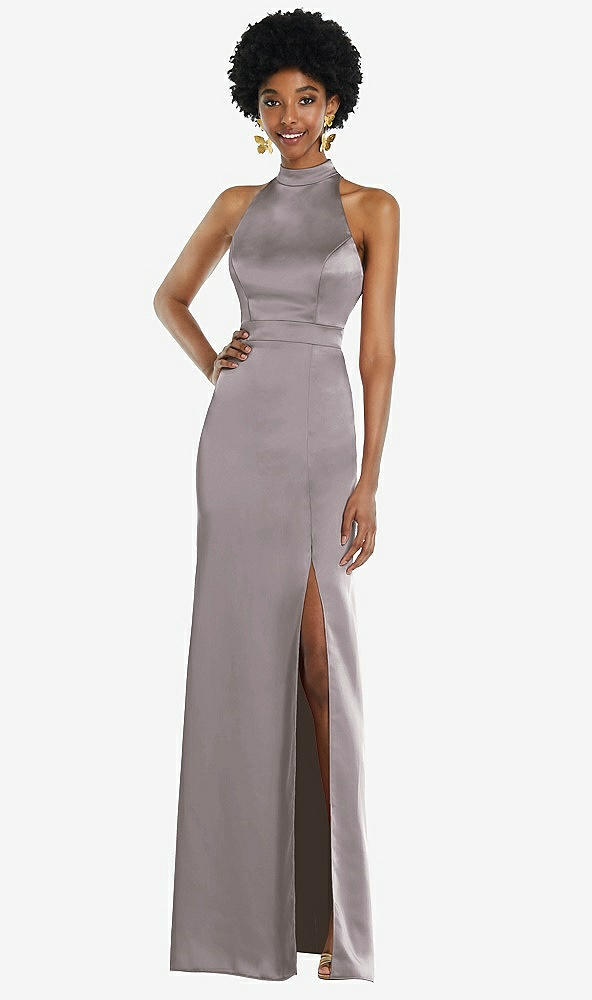 Back View - Cashmere Gray High Neck Backless Maxi Dress with Slim Belt