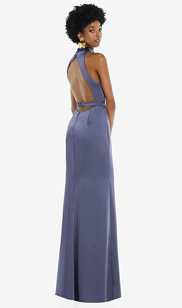 Front View - French Blue High Neck Backless Maxi Dress with Slim Belt