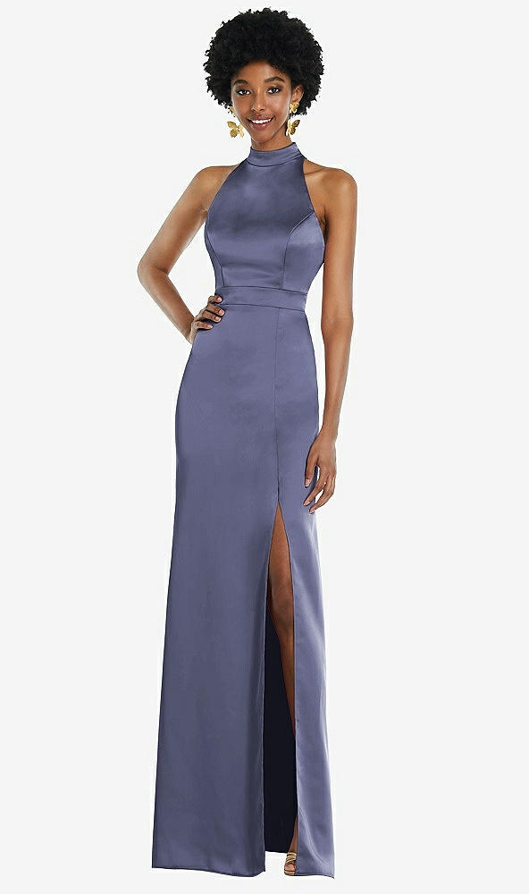 Back View - French Blue High Neck Backless Maxi Dress with Slim Belt