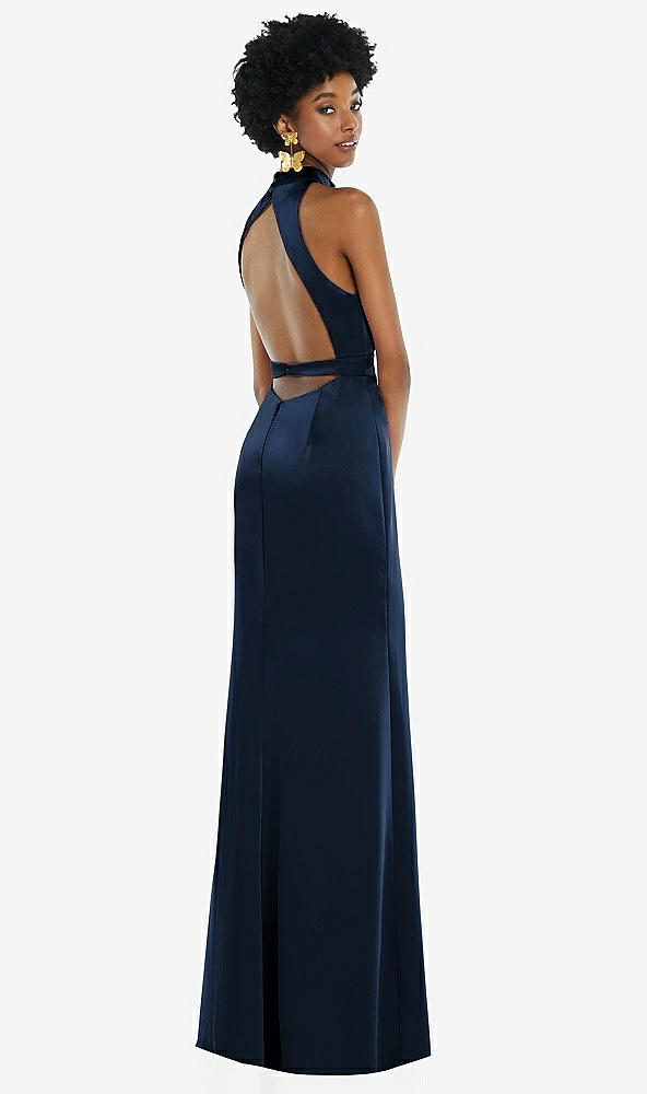 Front View - Midnight Navy High Neck Backless Maxi Dress with Slim Belt