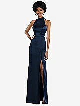 Rear View Thumbnail - Midnight Navy High Neck Backless Maxi Dress with Slim Belt
