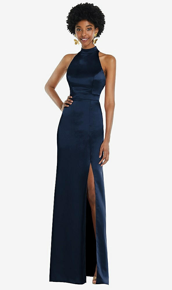 Back View - Midnight Navy High Neck Backless Maxi Dress with Slim Belt
