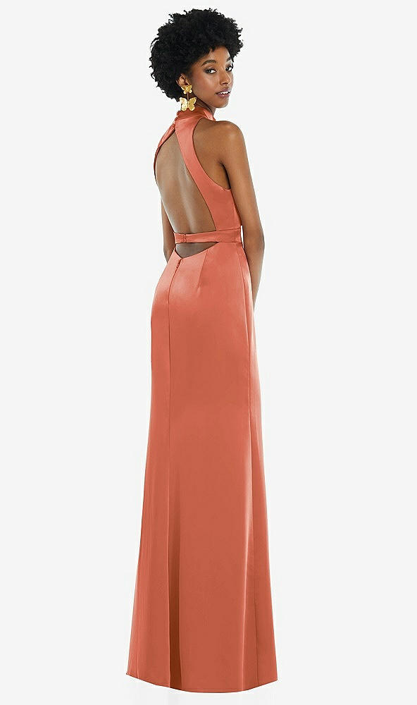 Front View - Terracotta Copper High Neck Backless Maxi Dress with Slim Belt