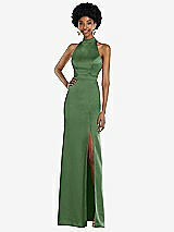 Rear View Thumbnail - Vineyard Green High Neck Backless Maxi Dress with Slim Belt