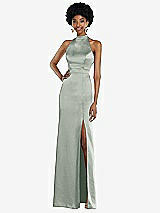 Rear View Thumbnail - Willow Green High Neck Backless Maxi Dress with Slim Belt