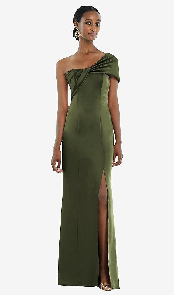 Front View - Olive Green Twist Cuff One-Shoulder Princess Line Trumpet Gown