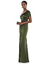 Side View Thumbnail - Olive Green Twist Cuff One-Shoulder Princess Line Trumpet Gown