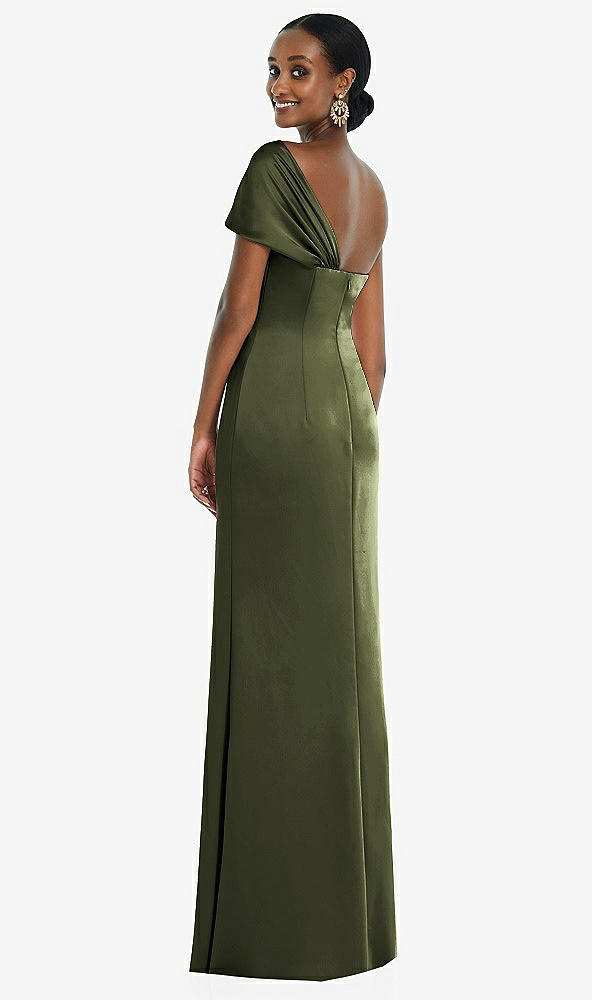 Back View - Olive Green Twist Cuff One-Shoulder Princess Line Trumpet Gown