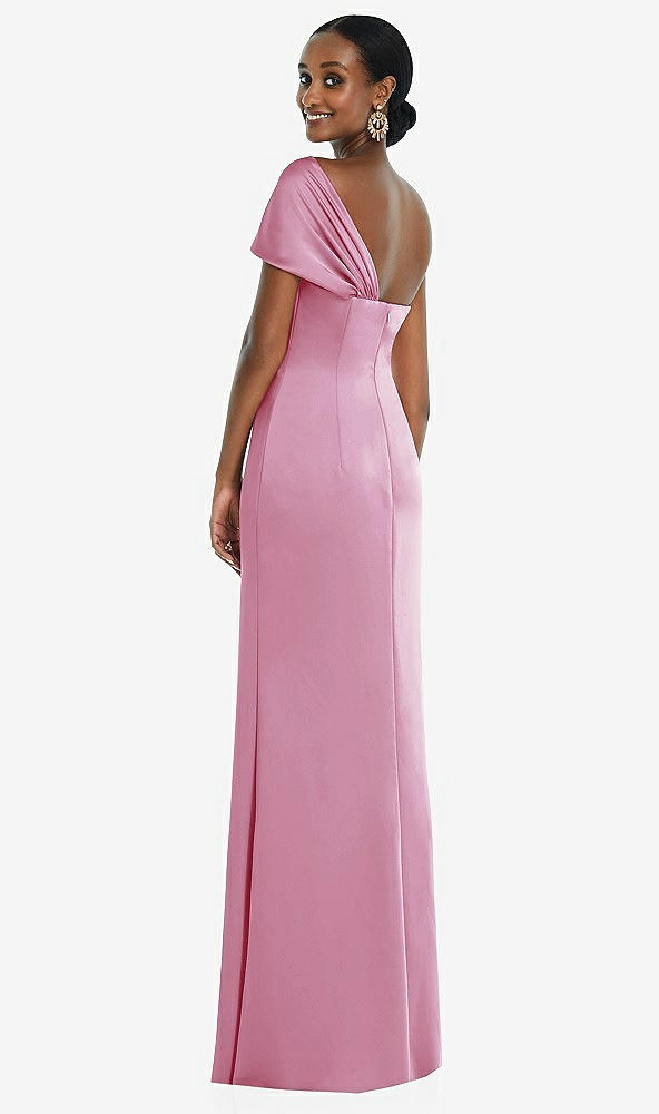 Back View - Powder Pink Twist Cuff One-Shoulder Princess Line Trumpet Gown