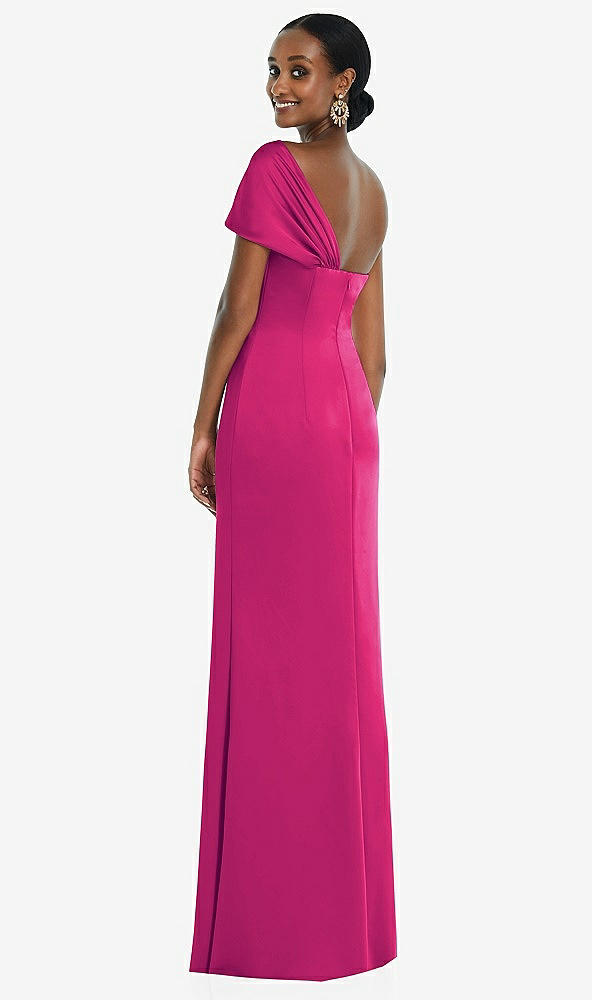 Back View - Think Pink Twist Cuff One-Shoulder Princess Line Trumpet Gown