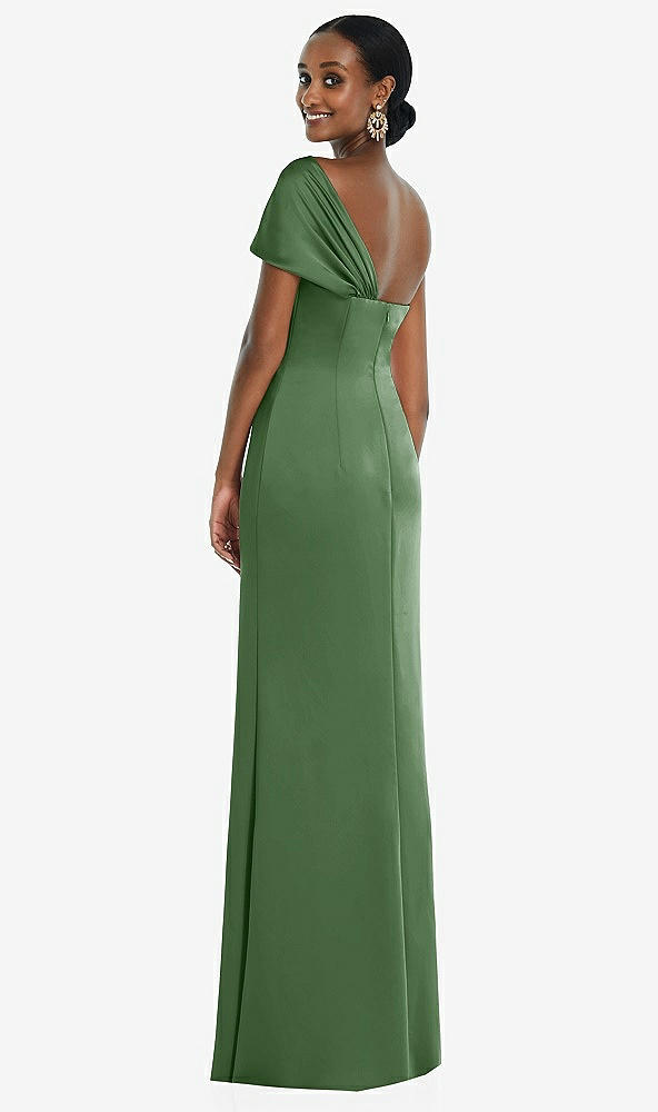 Back View - Vineyard Green Twist Cuff One-Shoulder Princess Line Trumpet Gown
