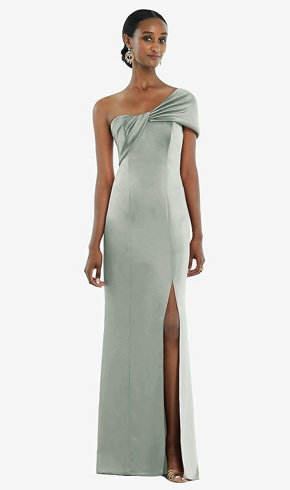 Front View - Willow Green Twist Cuff One-Shoulder Princess Line Trumpet Gown