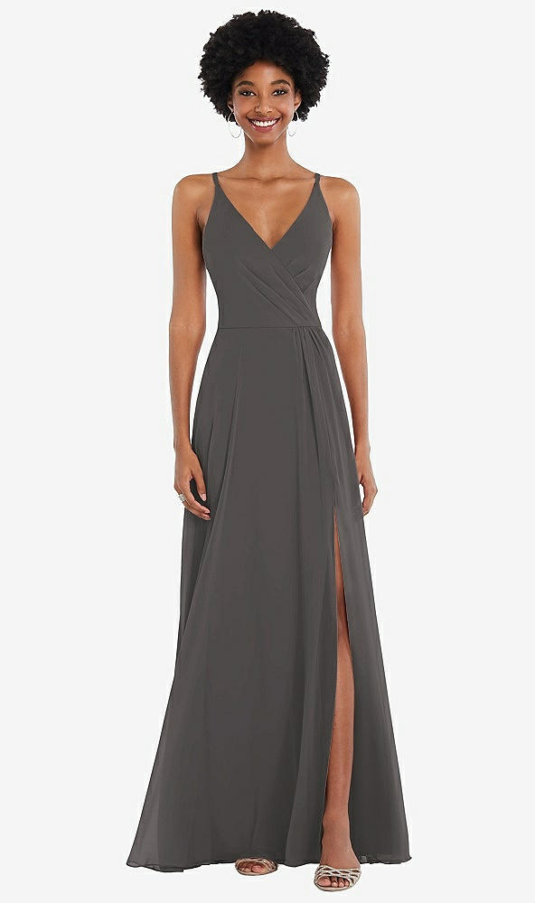 Front View - Caviar Gray Faux Wrap Criss Cross Back Maxi Dress with Adjustable Straps