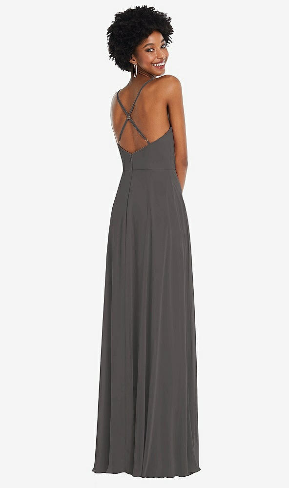 Back View - Caviar Gray Faux Wrap Criss Cross Back Maxi Dress with Adjustable Straps