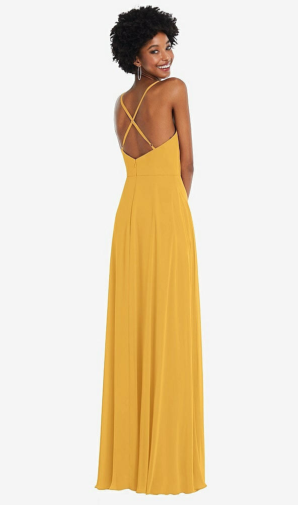 Back View - NYC Yellow Faux Wrap Criss Cross Back Maxi Dress with Adjustable Straps