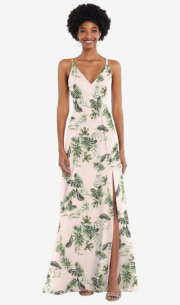Front View - Palm Beach Print Faux Wrap Criss Cross Back Maxi Dress with Adjustable Straps