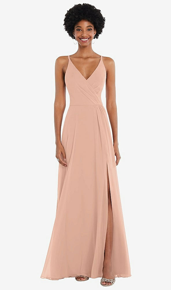 Front View - Pale Peach Faux Wrap Criss Cross Back Maxi Dress with Adjustable Straps