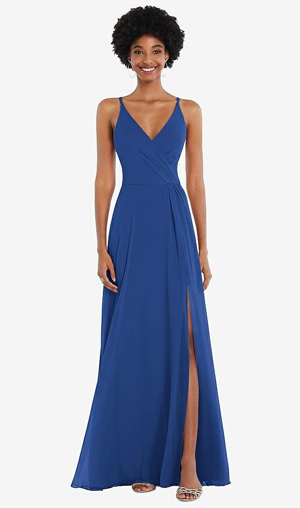 Front View - Classic Blue Faux Wrap Criss Cross Back Maxi Dress with Adjustable Straps