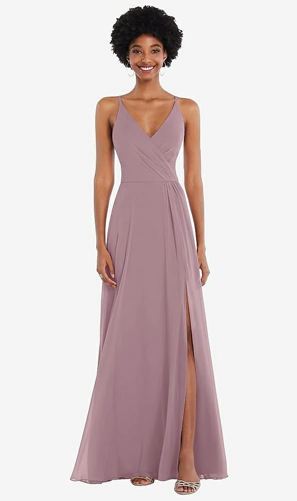 Front View - Dusty Rose Faux Wrap Criss Cross Back Maxi Dress with Adjustable Straps