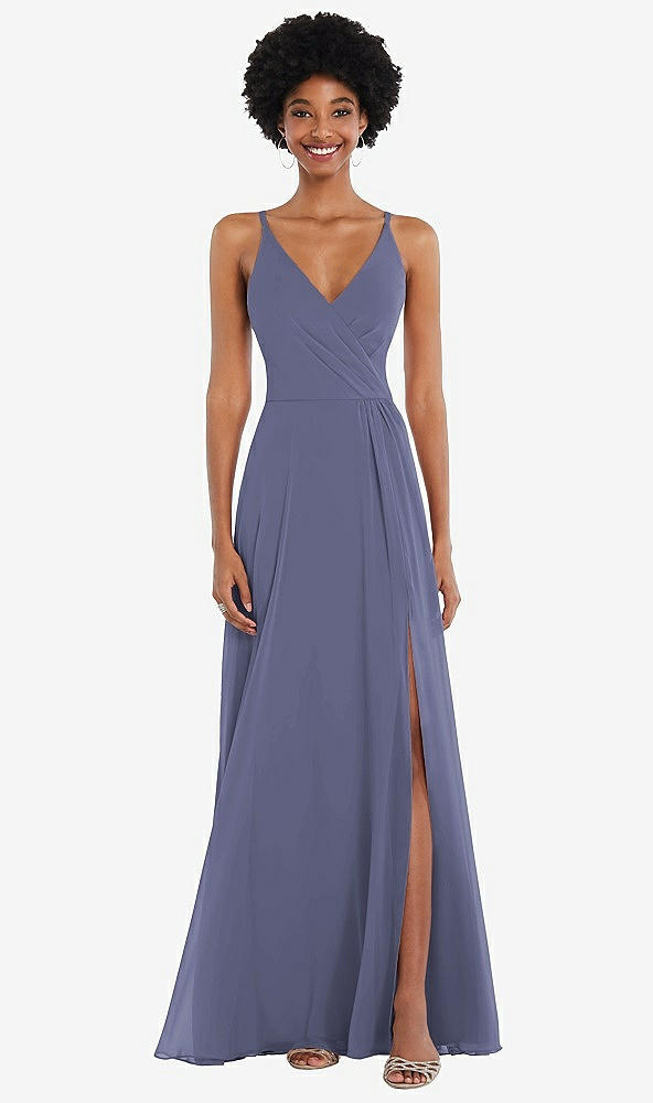 Front View - French Blue Faux Wrap Criss Cross Back Maxi Dress with Adjustable Straps
