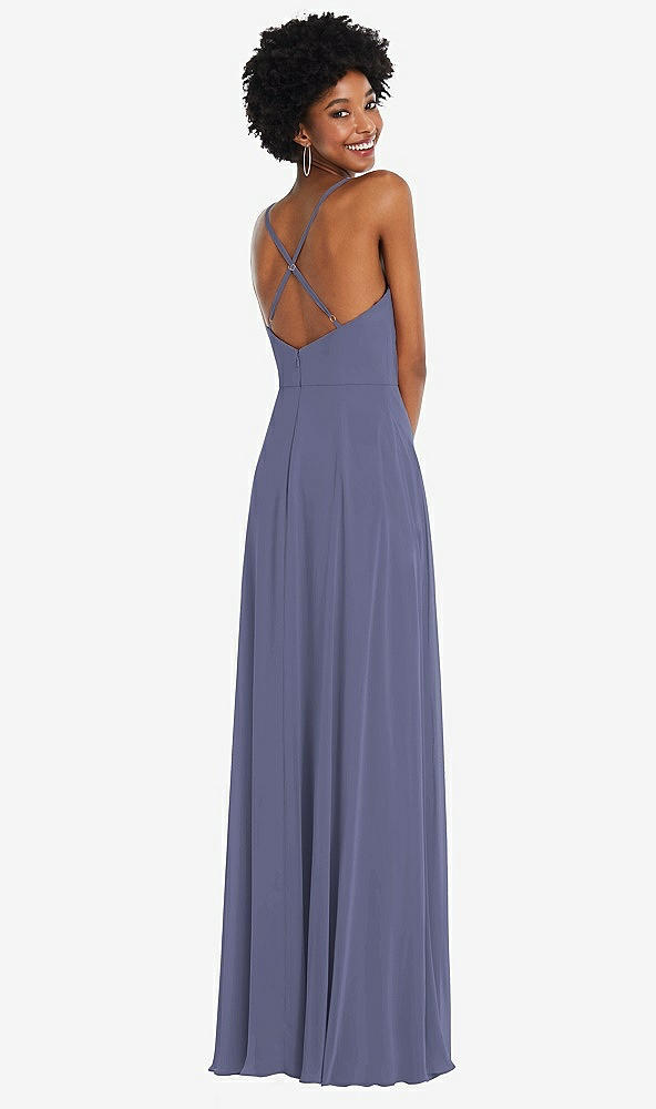 Back View - French Blue Faux Wrap Criss Cross Back Maxi Dress with Adjustable Straps