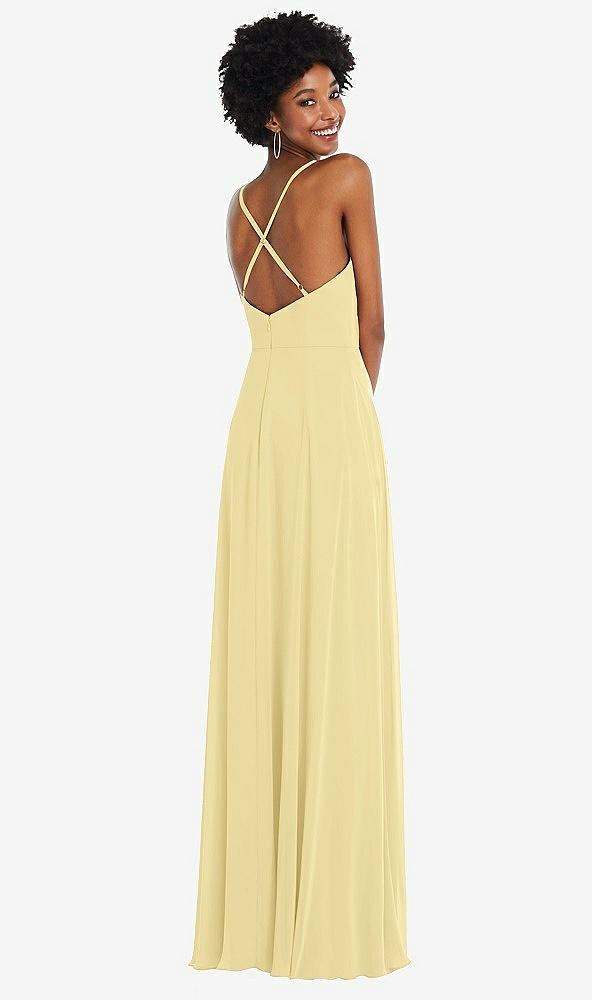 Back View - Pale Yellow Faux Wrap Criss Cross Back Maxi Dress with Adjustable Straps